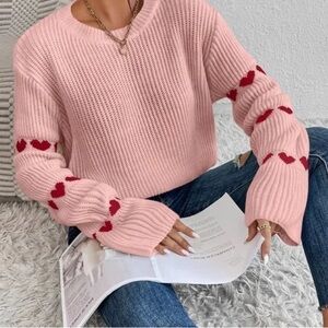 Pink Preppy Womens Heart Pattern Flounce Sleeve Sweater